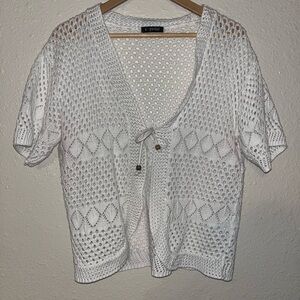 White Cardigan Sweater with Geometric Knit